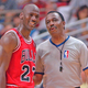 Michael Jordan and referee Hue Hollins, who made the call against Scottie Pippen that helped kill the Bulls’ 93-94 season.